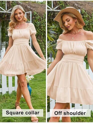 EXLURA Women's 2025 Summer Short Puff Sleeve Casual Short Mini Dresses Tie Back Square Neck A-Line Sundress in Kuwait