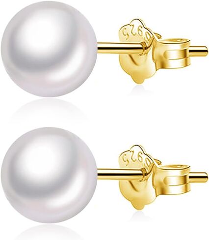 AAA+ Selected White Freshwater Pearl Stud Earrings for Women 925 Sterling Silver 14K Gold Plated Hypoallergenic 7-8mm Wedding Valentine's Day Gif in Saudi Arabia