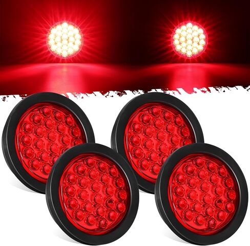 Partsam 4Pcs 4 Inch Round LED Trailer Tail Lights Red 24LEDs Waterproof 4" Brake Stop Turn Tail Marker Trailer Lights Sealed Flush Mount for Truck RV Boat UTE UTV 12V Grommet Plug Included in Saudi Arabia
