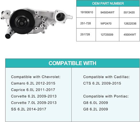 19180610 مضخة المياه 6.0L 6.2L 7.0L لـ Cadillac CTS 2009-2015 ، شيفروليه/تشيفي كابريس 2011-2017 ، كامارو 2012-2015 ، SS 2014-2017 ، كورفيت 2009-2013 ، بونتياك G8 2009 251-728 251728 12725009 in Kuwait