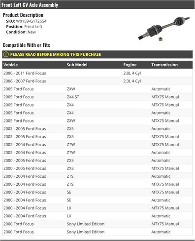 مجموعة محور محور السائق الأيسر الأمامي - متوافق مع 2000-2011 Ford Focus in Saudi Arabia