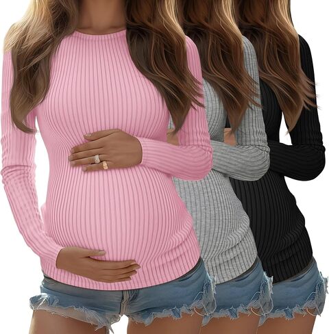 RIYIPER 3 PACK قمصان الأمومة النسائية الأكمام الطويلة مضلعة قمم الحمل متماسكة القطن طاقم TUNIC TUNIC DISAL in Saudi Arabia