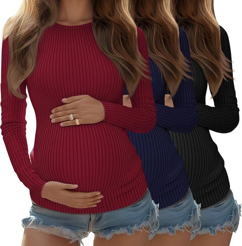 Riyiper 3 Pack Women's Maternity Shirts Long Sleeve Ribbed Knit Pregnancy Tops Cotton Crewneck Tunic Tees Casual Fall Clothes in Saudi Arabia