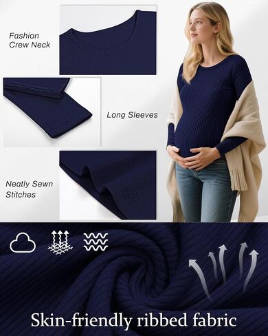 Riyiper 3 Pack Women's Maternity Shirts Long Sleeve Ribbed Knit Pregnancy Tops Cotton Crewneck Tunic Tees Casual Fall Clothes in Saudi Arabia