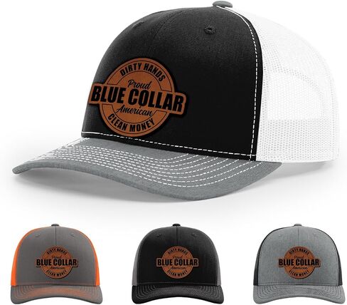 Dirty Hands Blue Collar Proud American Clean Money Hat, 112 Style Trucker Leather Patch Hat for Men & Women, 6 Panel Baseball Cap with Snapback Enclosure in Kuwait