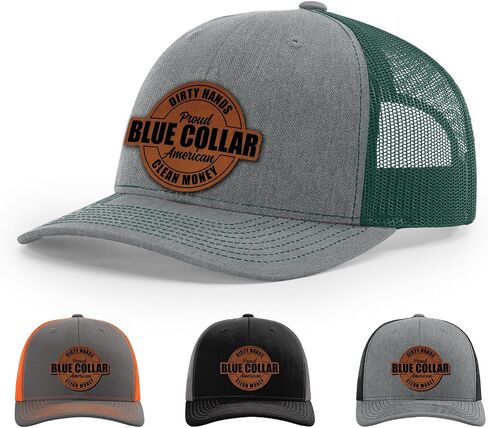 Dirty Hands Blue Collar Proud American Clean Money Hat, 112 Style Trucker Leather Patch Hat for Men & Women, 6 Panel Baseball Cap with Snapback Enclosure in Kuwait