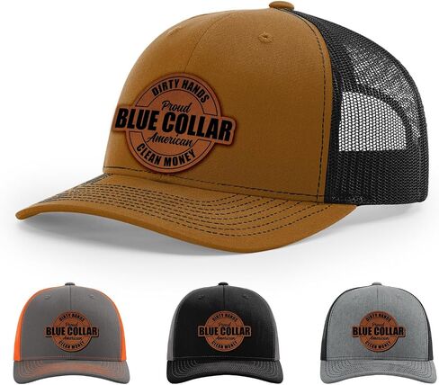 Dirty Hands Blue Collar Proud American Clean Money Hat, 112 Style Trucker Leather Patch Hat for Men & Women, 6 Panel Baseball Cap with Snapback Enclosure in Kuwait