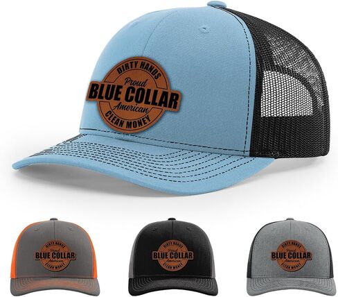 Dirty Hands Blue Collar Proud American Clean Money Hat, 112 Style Trucker Leather Patch Hat for Men & Women, 6 Panel Baseball Cap with Snapback Enclosure in Kuwait