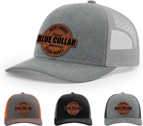 Dirty Hands Blue Collar Proud American Clean Money Hat, 112 Style Trucker Leather Patch Hat for Men & Women, 6 Panel Baseball Cap with Snapback Enclosure in Kuwait