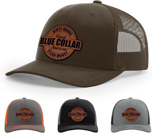 Dirty Hands Blue Collar Proud American Clean Money Hat, 112 Style Trucker Leather Patch Hat for Men & Women, 6 Panel Baseball Cap with Snapback Enclosure in Kuwait