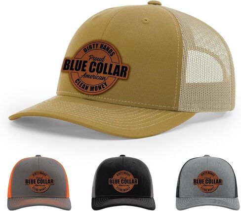 Dirty Hands Blue Collar Proud American Clean Money Hat, 112 Style Trucker Leather Patch Hat for Men & Women, 6 Panel Baseball Cap with Snapback Enclosure in Kuwait