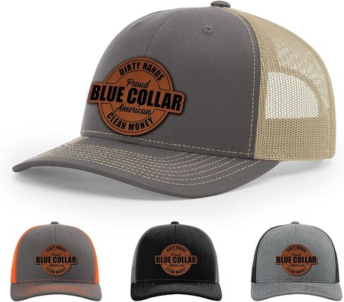 Dirty Hands Blue Collar Proud American Clean Money Hat, 112 Style Trucker Leather Patch Hat for Men & Women, 6 Panel Baseball Cap with Snapback Enclosure in Kuwait