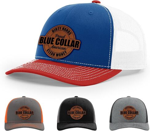 Dirty Hands Blue Collar Proud American Clean Money Hat, 112 Style Trucker Leather Patch Hat for Men & Women, 6 Panel Baseball Cap with Snapback Enclosure in Kuwait