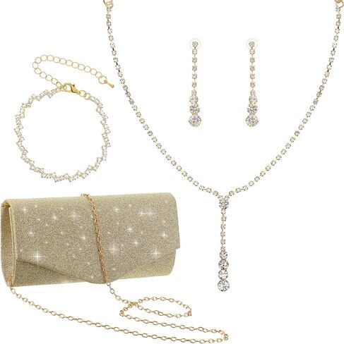 Yolev Prom Jewelry Set for Women Gold Clutch Purses for Women Formal Bride Jewelry Set for Wedding Day Include Gold Necklace, Earring and Bracelet for Brides Bridesmaids in Saudi Arabia