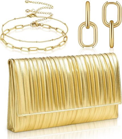 Quelay 3 Pcs Gold Clutch Purse for Women Evening Prom Purses and Jewelry Set Flap Bag Formal Earrings Adjustable Layered Bracelet for Formal Prom Party Wedding Date in Saudi Arabia