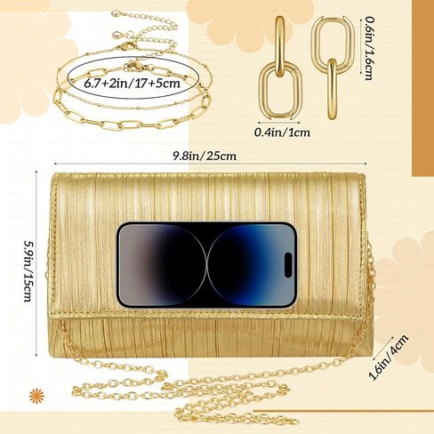 Quelay 3 Pcs Gold Clutch Purse for Women Evening Prom Purses and Jewelry Set Flap Bag Formal Earrings Adjustable Layered Bracelet for Formal Prom Party Wedding Date in Saudi Arabia
