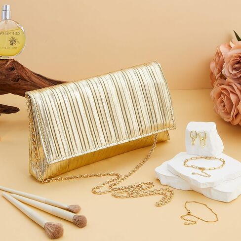 Quelay 3 Pcs Gold Clutch Purse for Women Evening Prom Purses and Jewelry Set Flap Bag Formal Earrings Adjustable Layered Bracelet for Formal Prom Party Wedding Date in Saudi Arabia