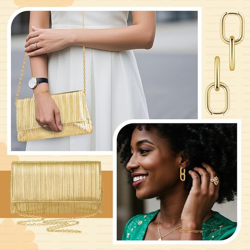 Quelay 3 Pcs Gold Clutch Purse for Women Evening Prom Purses and Jewelry Set Flap Bag Formal Earrings Adjustable Layered Bracelet for Formal Prom Party Wedding Date in Saudi Arabia