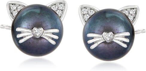 Ross-Simons 8-8.5mm Cultured Pearl Cat Earrings with Diamond Accents in Sterling Silver in Saudi Arabia