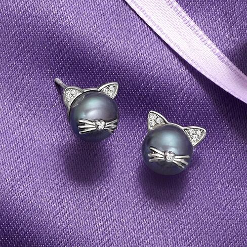 Ross-Simons 8-8.5mm Cultured Pearl Cat Earrings with Diamond Accents in Sterling Silver in Saudi Arabia