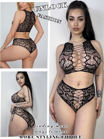 Avidlove Womens Fishnet Lingerie Set Sexy Sexy اثنين من الملابس الداخلية جوفاء Out متجرد الزي قلب طباعة قمم محصول in Saudi Arabia