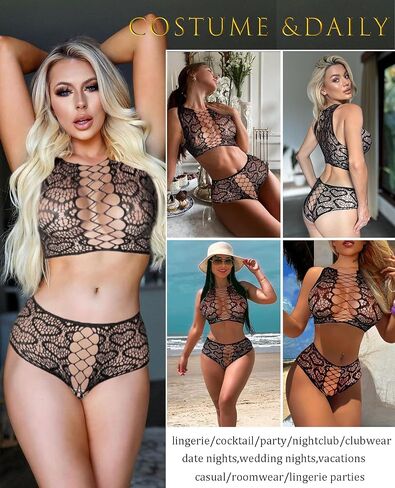 Avidlove Womens Fishnet Lingerie Set Sexy Sexy اثنين من الملابس الداخلية جوفاء Out متجرد الزي قلب طباعة قمم محصول in Saudi Arabia