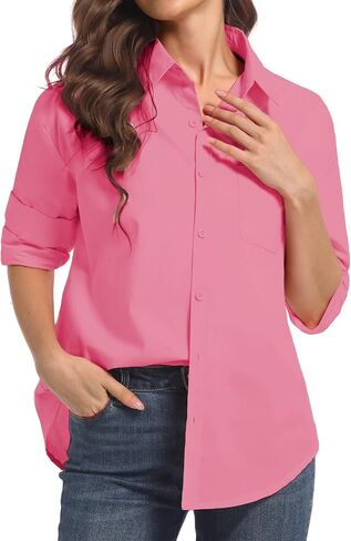 Womens Button Down Shirts, Long Sleeve Cotton Blouse for Women Casual, Collar Long Sleeve Blouse Tops for Pocket in Saudi Arabia