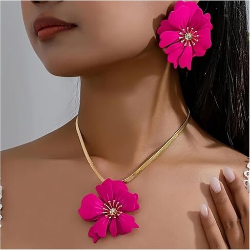 قلادة سلسلة الأفعى زاهسي زهرة ومرنجي لزفاف الشاطئ بوهيميا أقراط للنساء مجموعة المجوهرات الزهرة الكبيرة in Kuwait