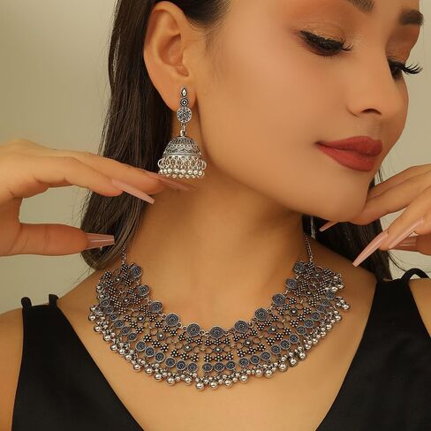 المجوهرات الهندية بوليوود التقليدية jhumka مجموعة للنساء كبيرة كبيرة شرابة بالخرز كوندان العرقي الزفاف ملابس الحفلات مهرجان قلادة القلادة أقراط Maang Tikka التقليدية الأزياء المجوهرات العتيقة in Kuwait