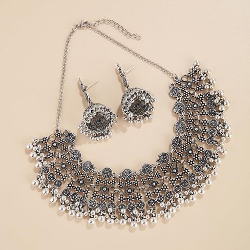 المجوهرات الهندية بوليوود التقليدية jhumka مجموعة للنساء كبيرة كبيرة شرابة بالخرز كوندان العرقي الزفاف ملابس الحفلات مهرجان قلادة القلادة أقراط Maang Tikka التقليدية الأزياء المجوهرات العتيقة in Kuwait
