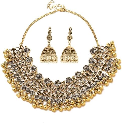 Indian Bollywood Traditional Jhumka Jewellery Set for Women Large Big Tassel Beaded Kundan Ethnic Wedding Wear Party Festival Choker Necklace Earrings Maang Tikka Traditional Fashion Antique Jewelry in Saudi Arabia