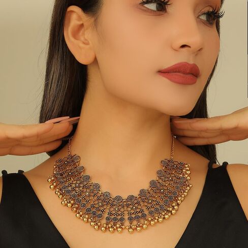 Indian Bollywood Traditional Jhumka Jewellery Set for Women Large Big Tassel Beaded Kundan Ethnic Wedding Wear Party Festival Choker Necklace Earrings Maang Tikka Traditional Fashion Antique Jewelry in Saudi Arabia