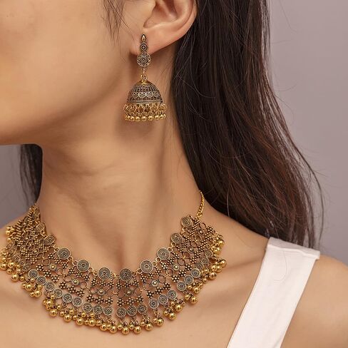 Indian Bollywood Traditional Jhumka Jewellery Set for Women Large Big Tassel Beaded Kundan Ethnic Wedding Wear Party Festival Choker Necklace Earrings Maang Tikka Traditional Fashion Antique Jewelry in Saudi Arabia
