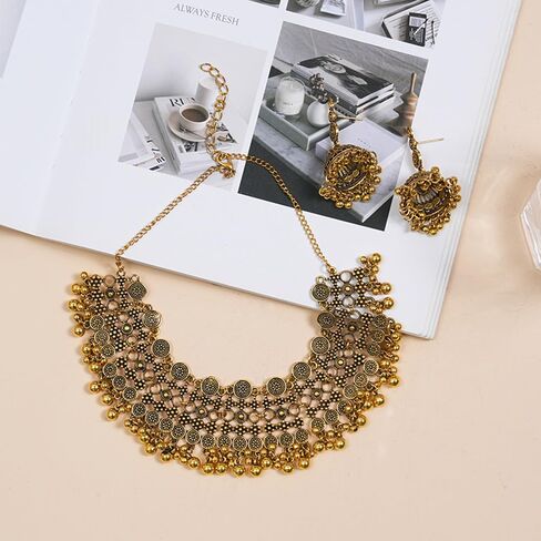 Indian Bollywood Traditional Jhumka Jewellery Set for Women Large Big Tassel Beaded Kundan Ethnic Wedding Wear Party Festival Choker Necklace Earrings Maang Tikka Traditional Fashion Antique Jewelry in Saudi Arabia