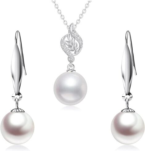 14k White Gold Diamond Pearl Necklace and 18k Gold Pearl Dangle Earrings Jewelry Set for Women in Saudi Arabia