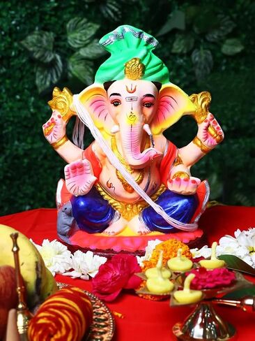Satvik 10 Inch Clay Eco Friendly Lord Ganesha Idol for Visarjan, Water Soluble Ganpati Statue, Terracotta Ganesh Chaturthi Idol, Ridhi Sidhi Idol, Ganesh Statue for Home Decor, Pooja in Saudi Arabia