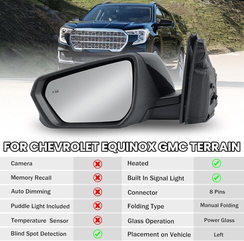 مرآة جانبية للركاب متوافقة مع 2018 2018 2020 2021 2022 2023 2024 Chevy Expenox GMC Terrain Mirrors with Power Glass Dating Swit Scot Plud Spot Plugs #84225387 (White) 8 Pins in Kuwait