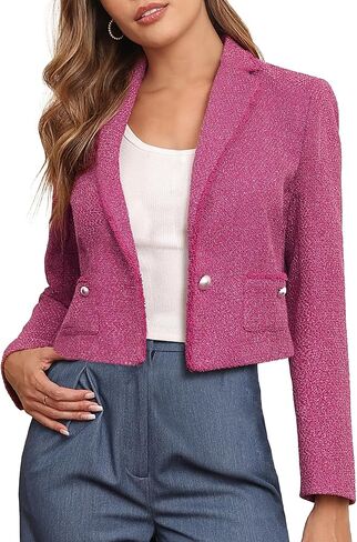 M.Infisavo Women’s Cropped Tweed Jacket Blazer with Pockets Long Sleeve Open Front Notch Lapel Cardigan Elegant for Casual in Kuwait