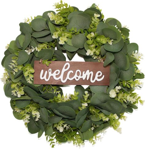 Green Eucalyptus Leaf Wreath with Welcome Sign,Artificial Eucalyptus Wreath for Front Door Wall Window Farmhouse Festival Porch Patio Garden Decor,Spring Summer Wreaths for Indoor Outdoor in Saudi Arabia