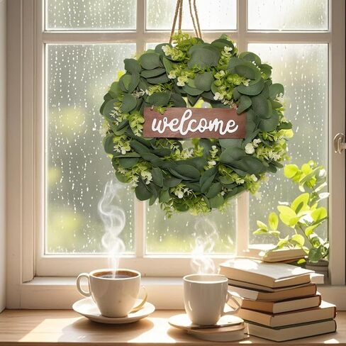 Green Eucalyptus Leaf Wreath with Welcome Sign,Artificial Eucalyptus Wreath for Front Door Wall Window Farmhouse Festival Porch Patio Garden Decor,Spring Summer Wreaths for Indoor Outdoor in Saudi Arabia