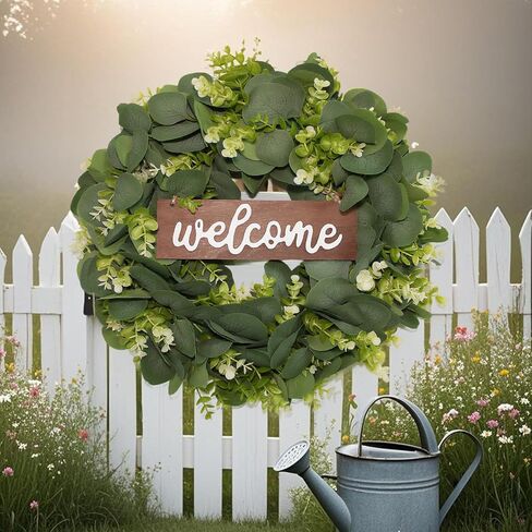 Green Eucalyptus Leaf Wreath with Welcome Sign,Artificial Eucalyptus Wreath for Front Door Wall Window Farmhouse Festival Porch Patio Garden Decor,Spring Summer Wreaths for Indoor Outdoor in Saudi Arabia