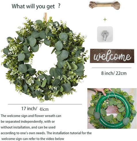 Green Eucalyptus Leaf Wreath with Welcome Sign,Artificial Eucalyptus Wreath for Front Door Wall Window Farmhouse Festival Porch Patio Garden Decor,Spring Summer Wreaths for Indoor Outdoor in Saudi Arabia
