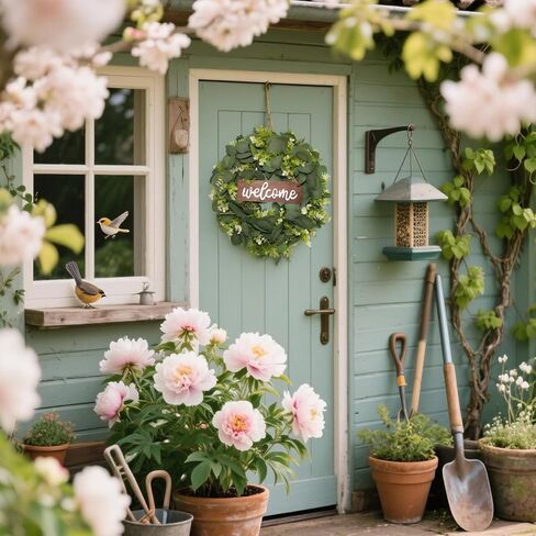Green Eucalyptus Leaf Wreath with Welcome Sign,Artificial Eucalyptus Wreath for Front Door Wall Window Farmhouse Festival Porch Patio Garden Decor,Spring Summer Wreaths for Indoor Outdoor in Saudi Arabia