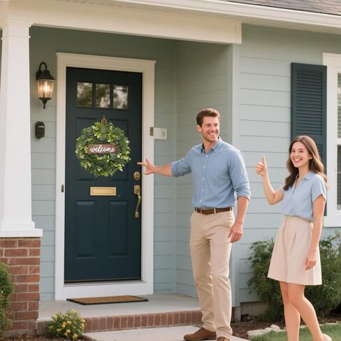 Green Eucalyptus Leaf Wreath with Welcome Sign,Artificial Eucalyptus Wreath for Front Door Wall Window Farmhouse Festival Porch Patio Garden Decor,Spring Summer Wreaths for Indoor Outdoor in Saudi Arabia