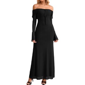 KUTUMAI Elegant Off Shoulder Long Sleeve Maxi Dress Bodycon Tie Formal Wedding Guest Dresses for Women 2025 Fall in Saudi Arabia