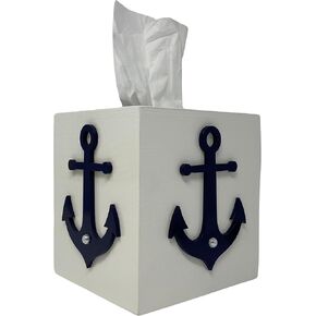 Nautical Tissue Box Cover – White Wood Square with Navy Blue Anchor & Faux Pearls, Coastal Bathroom Decor, Boat House Gift in Saudi Arabia