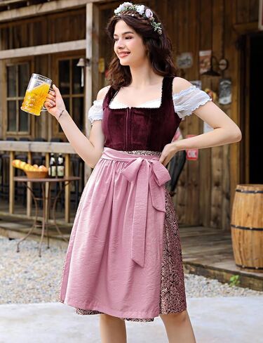KOJOOIN Women Oktoberfest Costumes 3 Pieces Velvet Traditional Bavarian Vintage German Dirndl Dress for Theme Party in Saudi Arabia