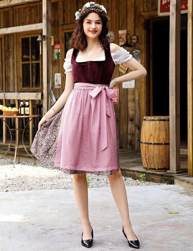 KOJOOIN Women Oktoberfest Costumes 3 Pieces Velvet Traditional Bavarian Vintage German Dirndl Dress for Theme Party in Saudi Arabia