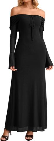 KUTUMAI Elegant Off Shoulder Long Sleeve Maxi Dress Bodycon Tie Formal Wedding Guest Dresses for Women 2025 Fall in Kuwait