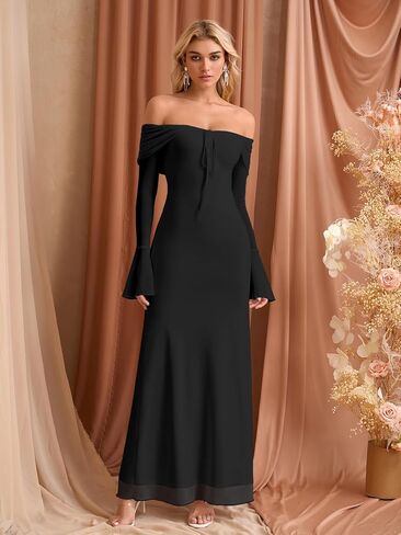 KUTUMAI Elegant Off Shoulder Long Sleeve Maxi Dress Bodycon Tie Formal Wedding Guest Dresses for Women 2025 Fall in Kuwait